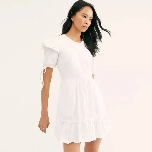 FREE PEOPLE Beach Iris Mini Dress White Open Back Ruffle Boho XS Summer Babydoll - Picture 5 of 16